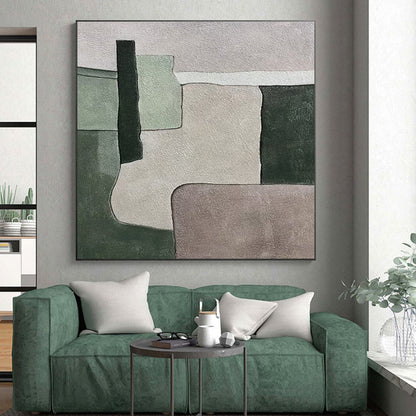Large Painting In Living Room Green Gray Abstract Geometric Acrylic Art PT436