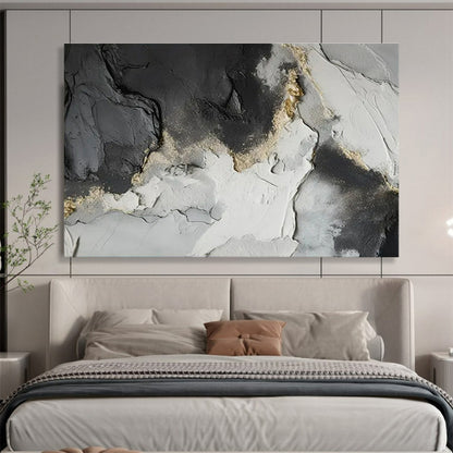 Hand-Painted Black, White, and Gold Textured Abstract Landscape Art HPS361