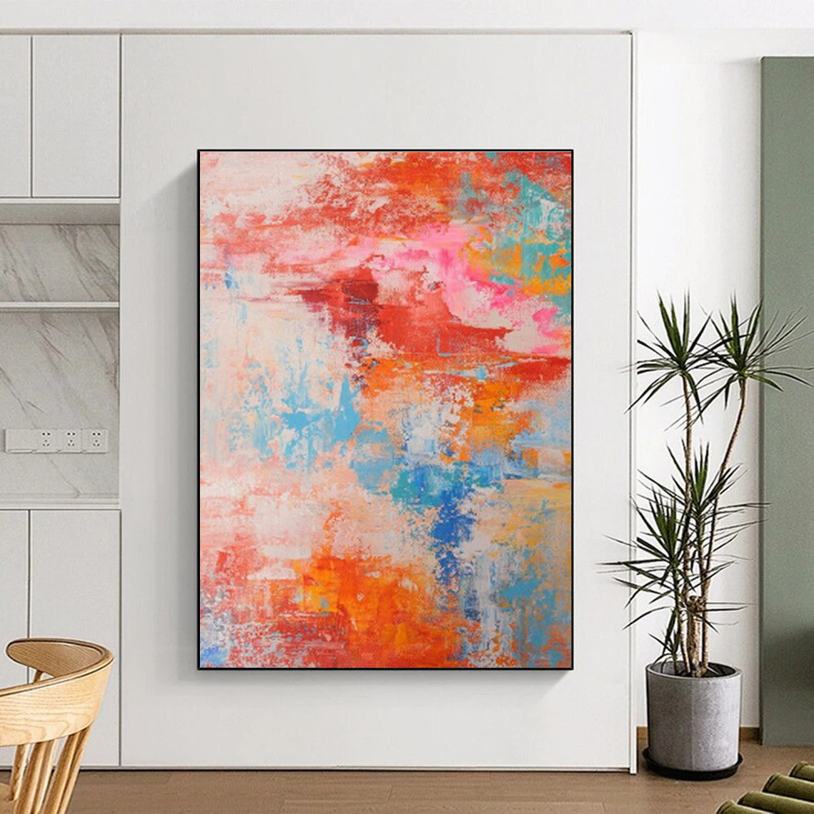 Big Painting in Red, Orange, Blue, and Pink Abstract Design, Modern Art Acrylic PT284