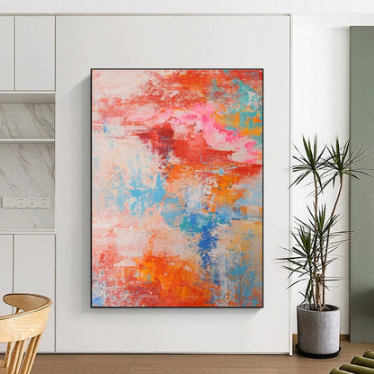 Big Painting in Red, Orange, Blue, and Pink Abstract Design, Modern Art Acrylic PT284