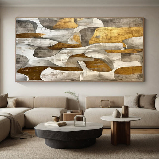 Hand Painted Art with Gold, Gray, and White Organic Abstract Shapes, Large Contemporary Wall Art PT204