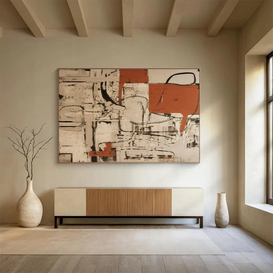 Large Size Orange, Black & Beige Abstract Geometric Art HPS212