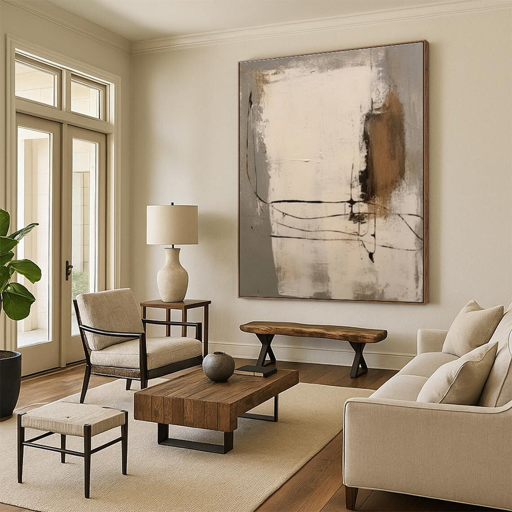 Minimalist Canvas Art Gray Beige Black Line Abstract Artwork PT483