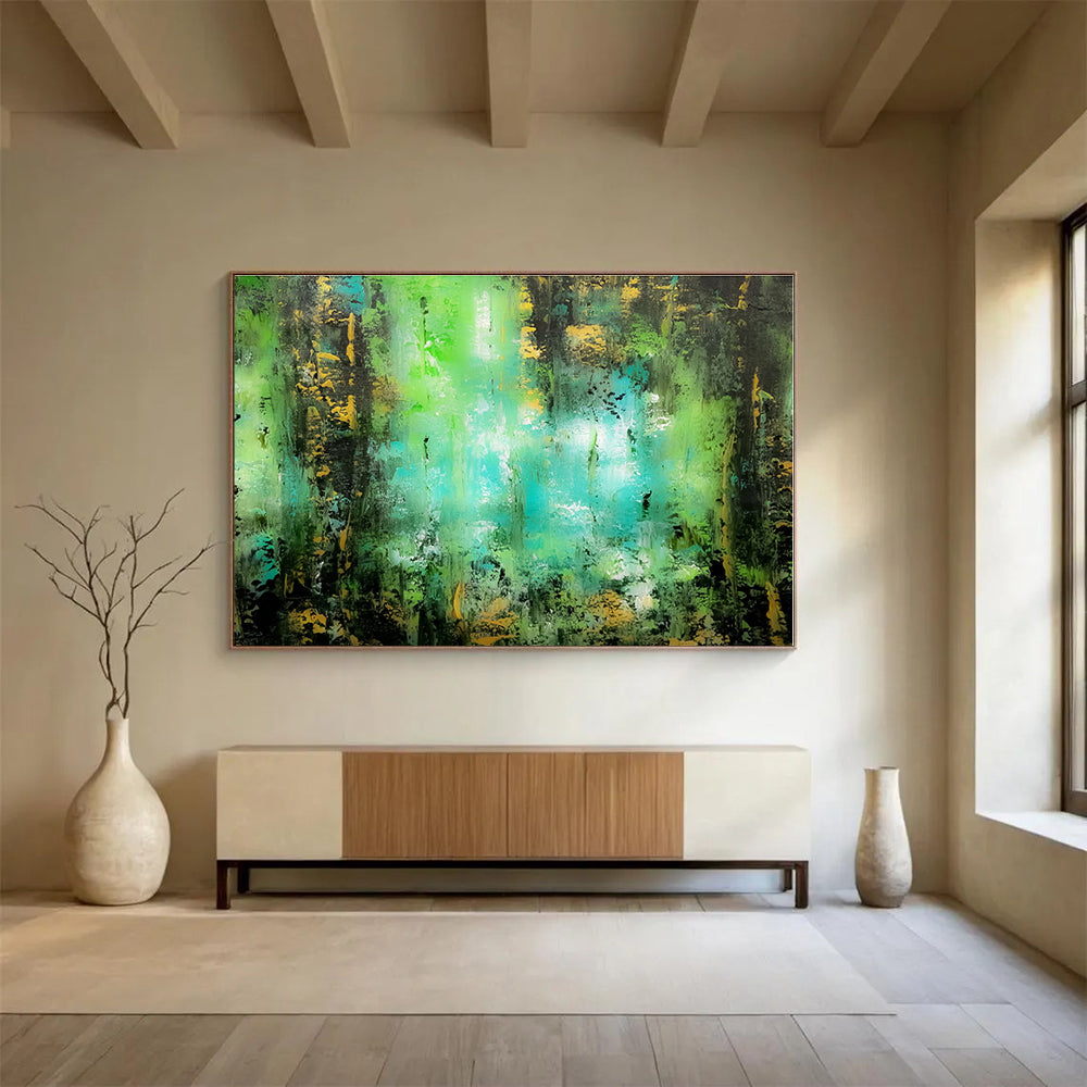 Hand-Painted Green, Turquoise & Gold Abstract Forest Art HPS161