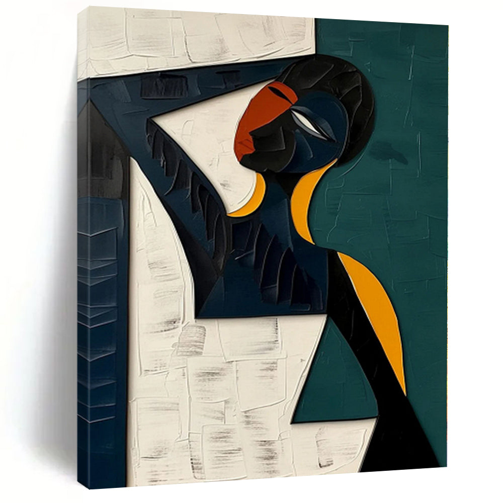 Acrylic Modern Art Paintings Geometric Figure with Teal, Black, White, and Orange Abstract Portrait DPS423