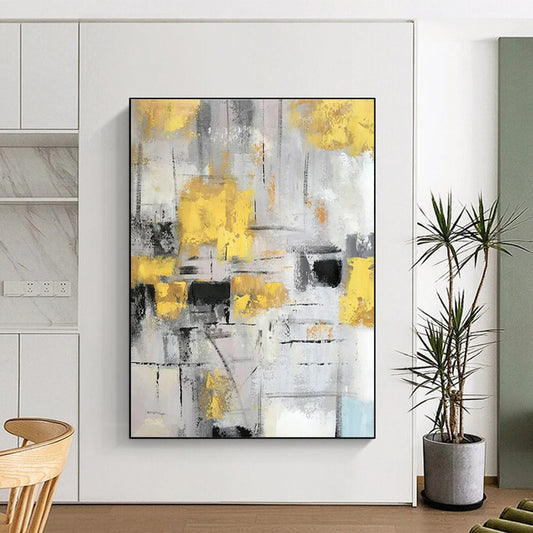 Large Size Yellow, Gray, and Black Textured Abstract Art PT749