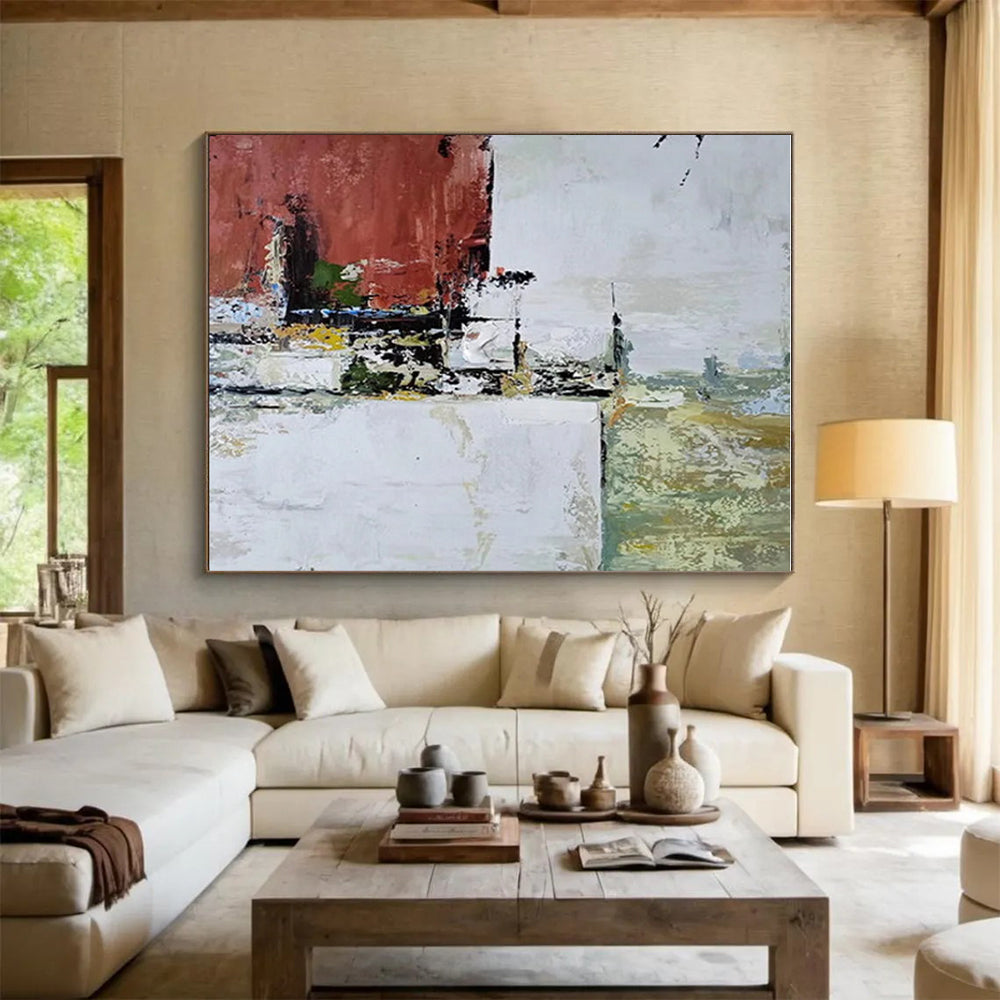 Hand Painted Art with Red, White, Green, and Beige Textured Abstract Forms, Large Painting In Living Room PT213