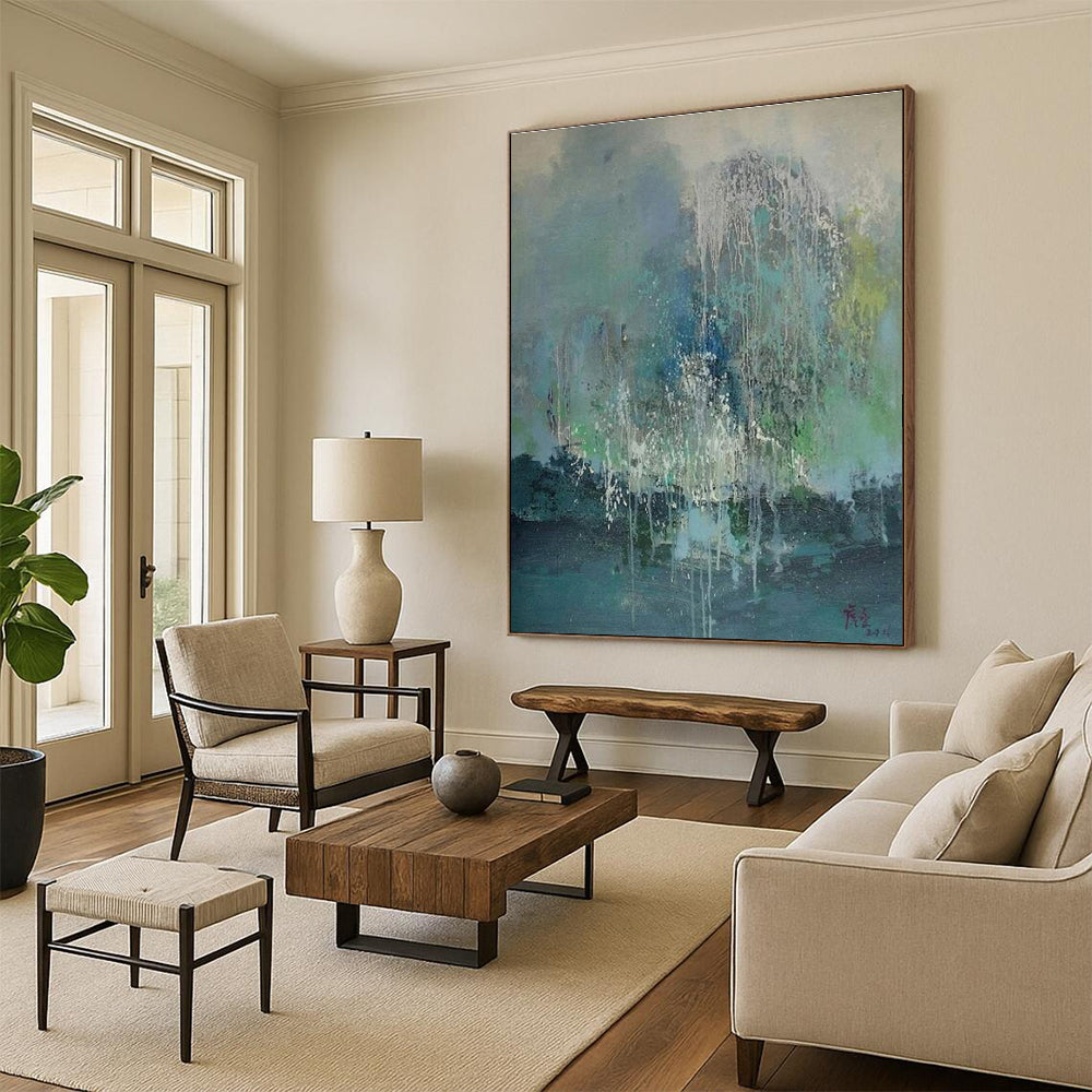 Hand Painted Art Teal and White Abstract Rainy Scene, Acrylic Modern Art Painting PT537