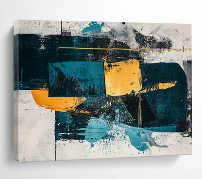 Large Contemporary Wall Art Teal, Yellow, and Black Geometric Abstract Art HPS326