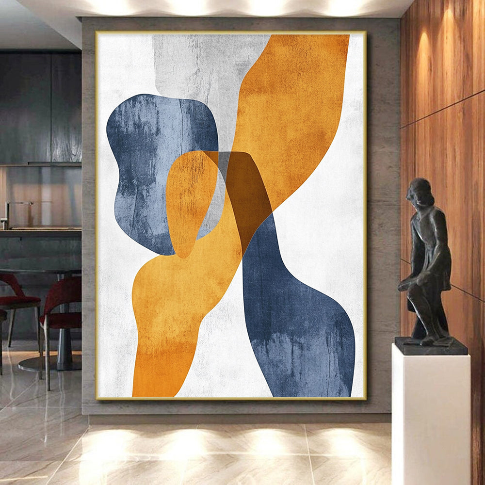 Handmade Art Orange, Blue & Gray Geometric Abstract Painting On Canvas PT124