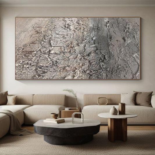 Huge Size Gray Textured Abstract Art with Cracked Details, Handmade Art Piece PT302