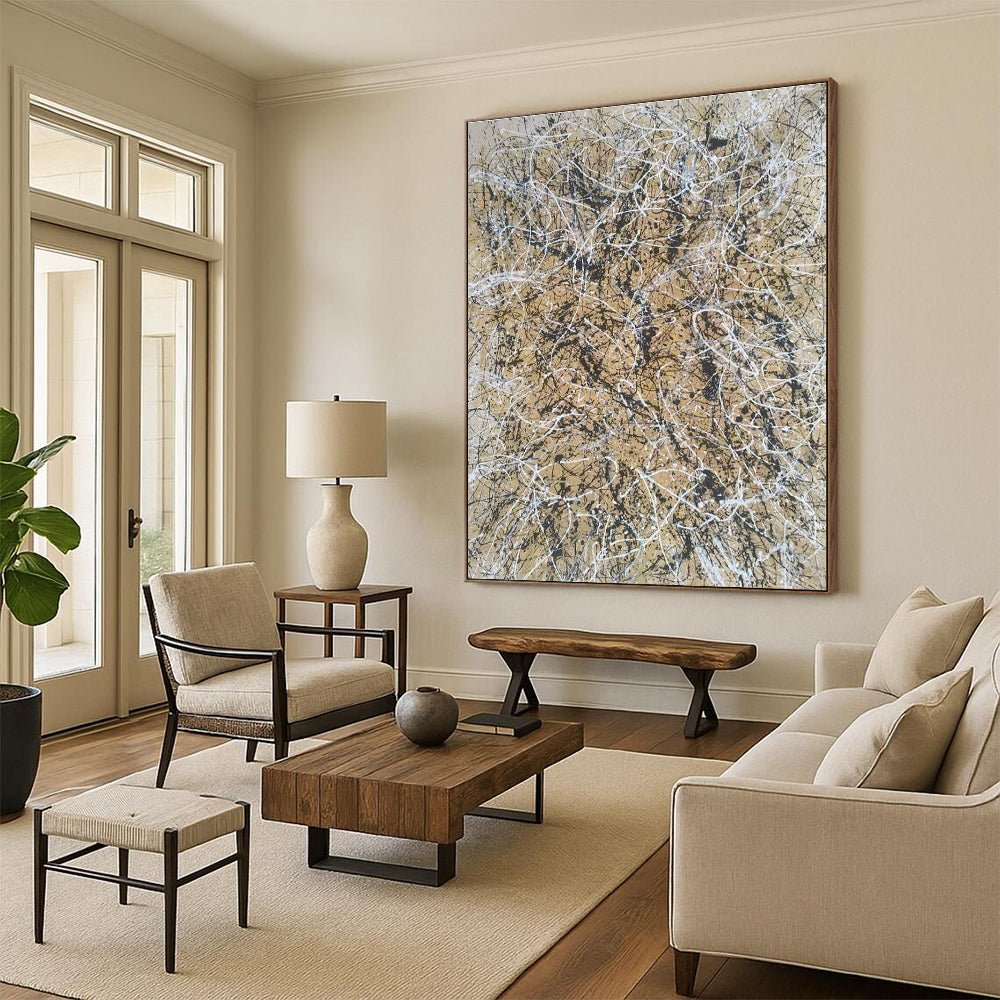 Big Painting Beige and Black Tangled Lines Abstract Art PT617