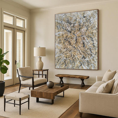 Big Painting Beige and Black Tangled Lines Abstract Art PT617