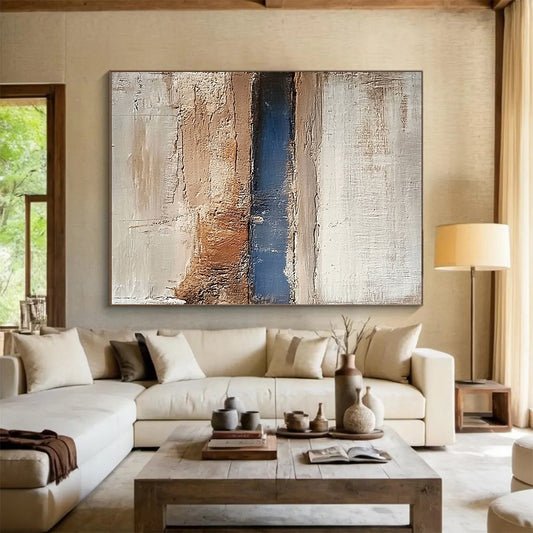 Modern Large Abstract Canvas Painting With Beige, Blue, Brown Textured Layers On Canvas PT193