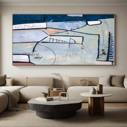 Handmade Art Blue and Beige Geometric Abstract Art PT827