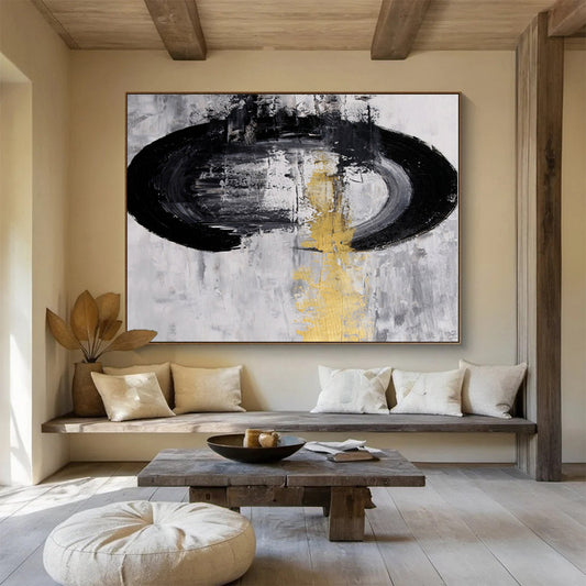 Unique Abstract Art Black, White & Gold Circular Abstract On Canvas HPS013