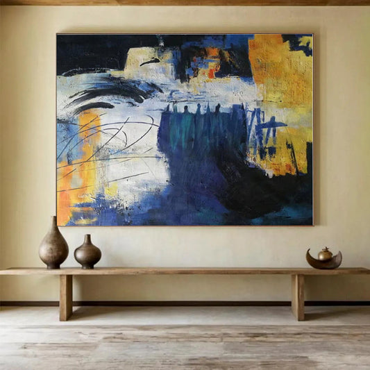 Hand-Painted Blue, Yellow & Black Abstract Urban Scene Art HPS151