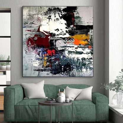 Hand-Painted Multicolor (Red, Black, White, Yellow, Blue) Abstract Energetic Shapes Painting On Canvas PT271