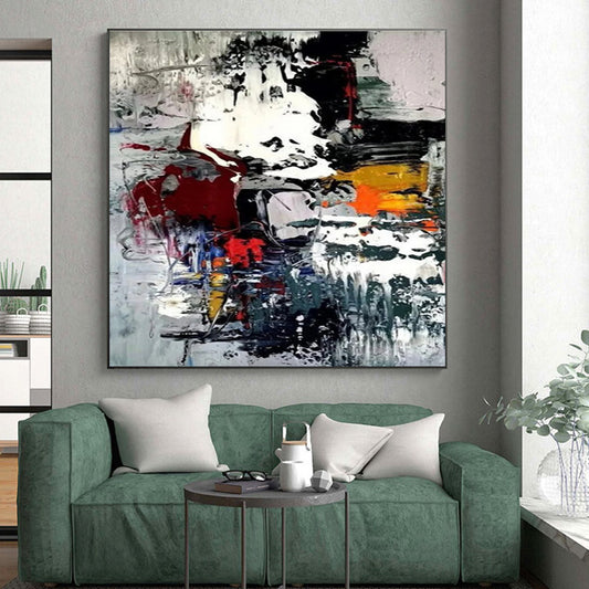 Hand-Painted Multicolor (Red, Black, White, Yellow, Blue) Abstract Energetic Shapes Painting On Canvas PT271