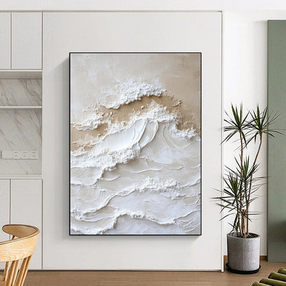 Oversized Abstract Wall Art Beige White Textured Wave Acrylic Art PT450