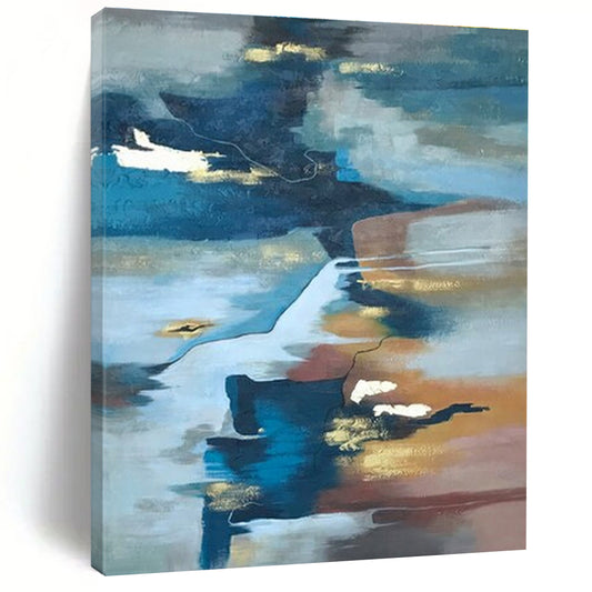 Large Contemporary Wall Art Blue, Brown, and Gold Abstract Art PT652