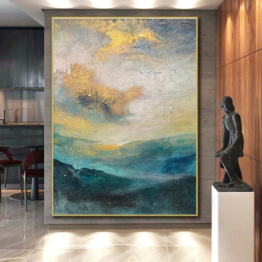 Hand Painting Teal, Gold, and Gray Landscape-Inspired Abstract Art PT651