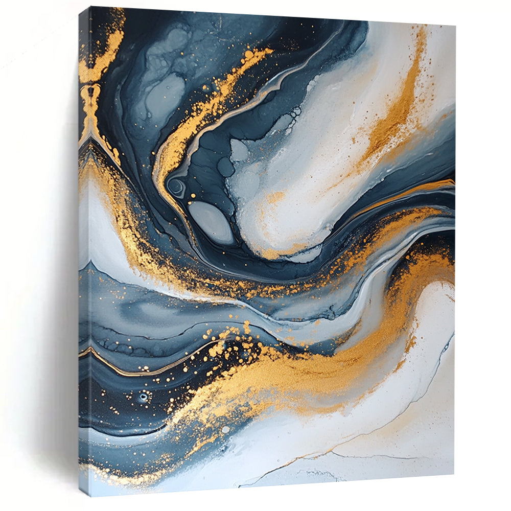 Handmade Art Blue, Gray & Gold Swirl Textured Abstract Painting On Canvas PT114