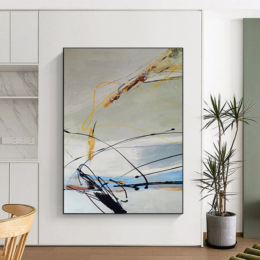 Modern Art Acrylic with Black, Yellow, Blue, and Gray Dynamic Lines, Large Contemporary Wall Art PT210