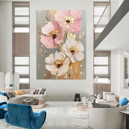 Hand Painted Art Pink, White, and Gold Floral Abstract Flower Painting DPS437