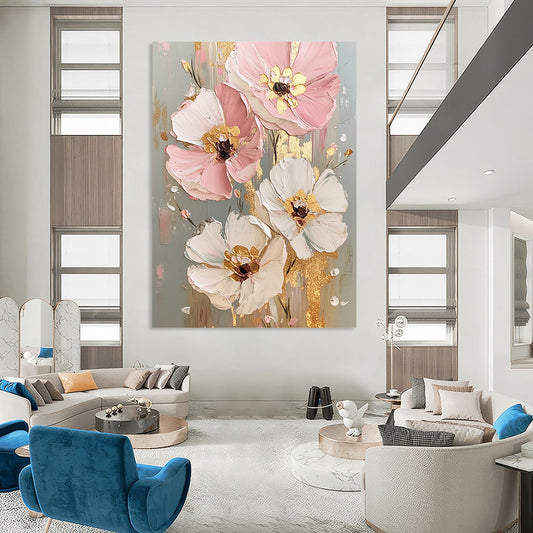 Hand Painted Art Pink, White, and Gold Floral Abstract Flower Painting DPS437