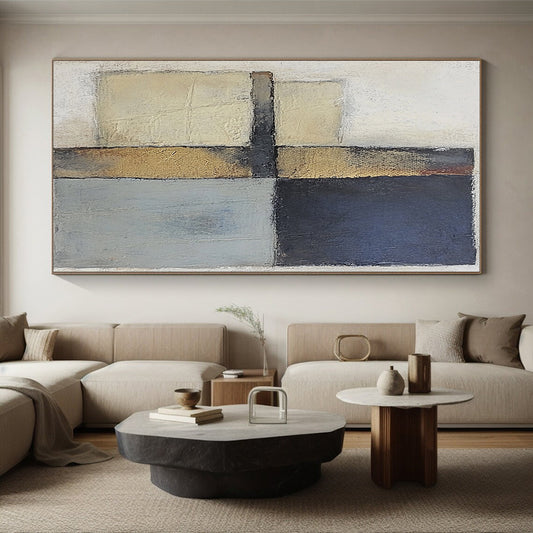 Custom Large Abstract Art For Living Room, Beige Blue Gold Abstract Geometric Art PT159