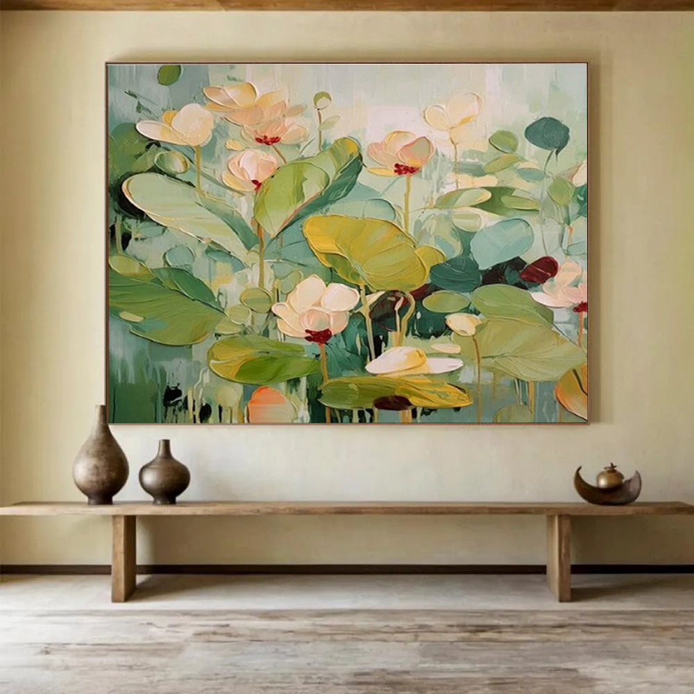 Gaint Canvas Art Green and Pink Lotus Floral Textured Oil Painting HPS332
