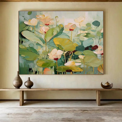 Gaint Canvas Art Green and Pink Lotus Floral Textured Oil Painting HPS332