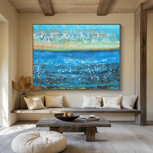Hand-Painted Blue, Orange, and White Abstract Seaside Art HPS411