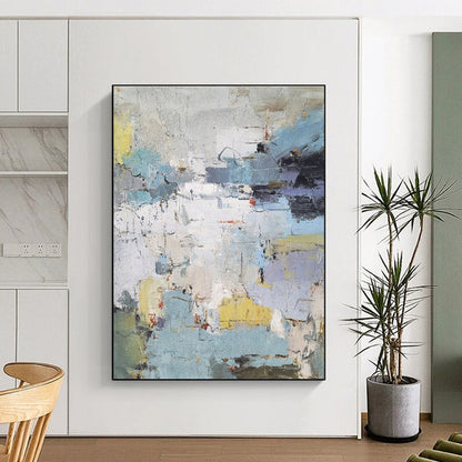 Modern Art Acrylic in Blue, Grey, Yellow, and White Abstract Textural Urban Shapes PT256