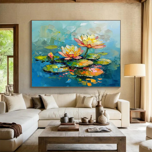 Hand Painting Blue, Pink & Yellow Abstract Water Lily Art HPS205