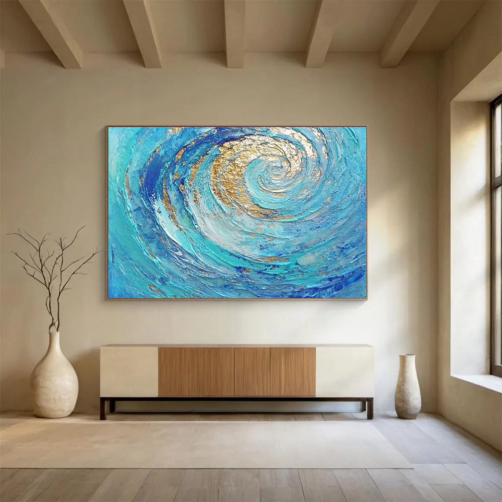 Hand Painted Art Turquoise, Blue & Gold Textured Spiral Abstract Painting HPS257