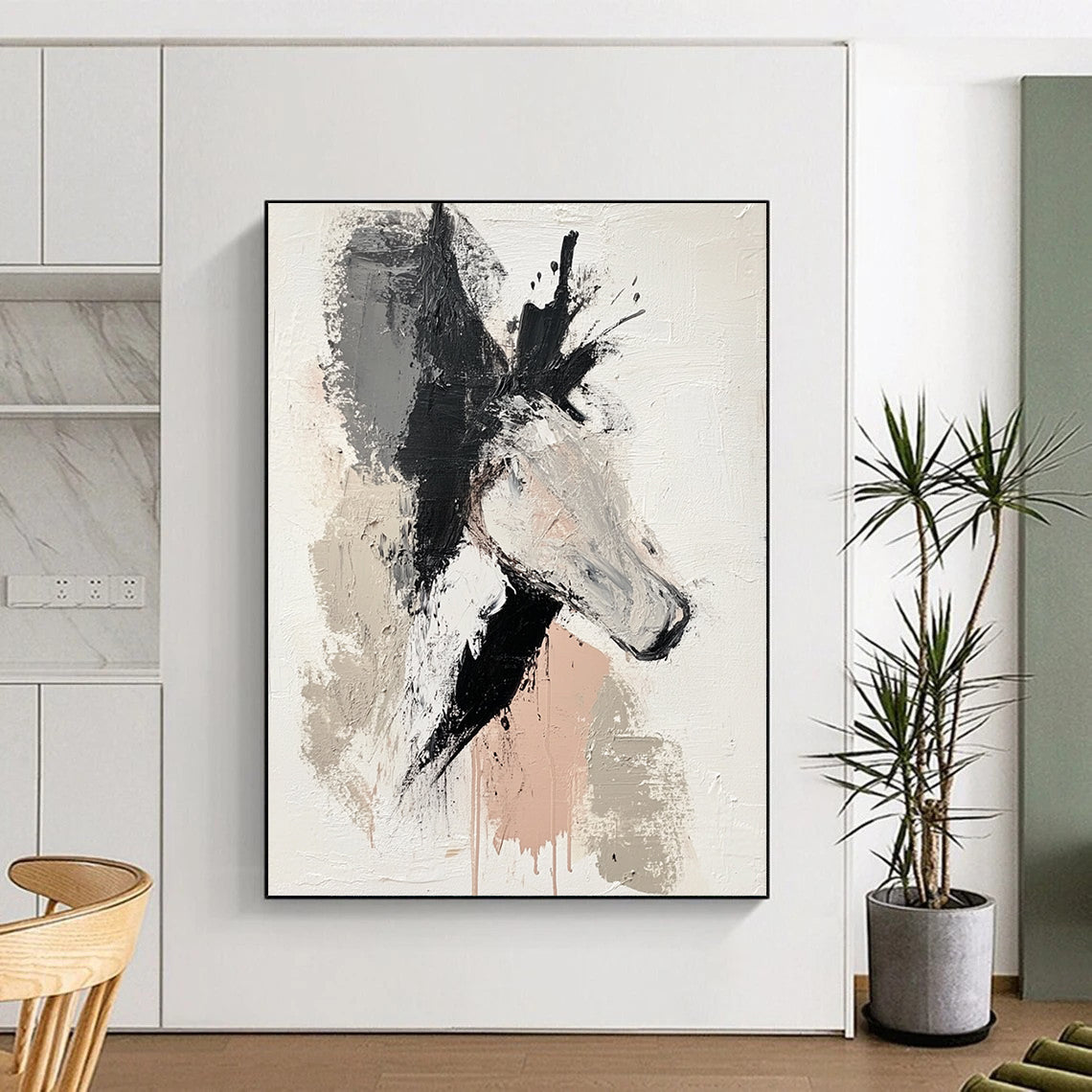 Black Gray Beige Pink Horse Abstract Art PT143