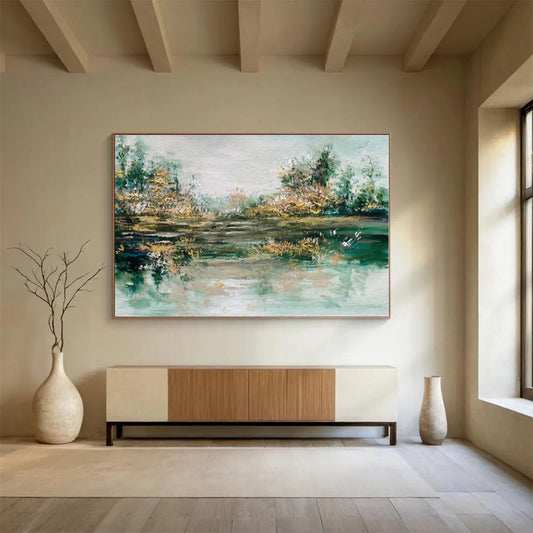 Large Contemporary Wall Art Green and Beige Abstract Lake Landscape Art HPS346