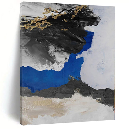 Hand Painting Black, White, Blue & Gold Textured Abstract Painting On Canvas PT052
