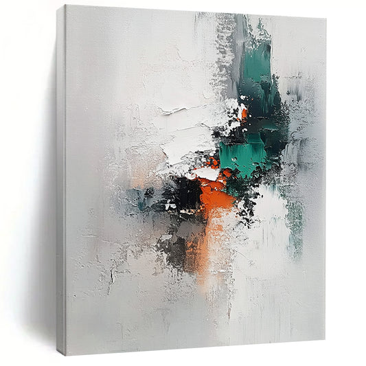 Big Abstract Painting On Canvas With Gray, Teal, Orange Textured Abstract Composition On Canvas PT198