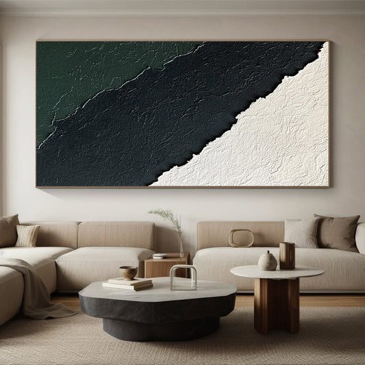 Large Abstract Painting For Living Room With Black, White, Dark Green Textured Layers On Canvas PT181