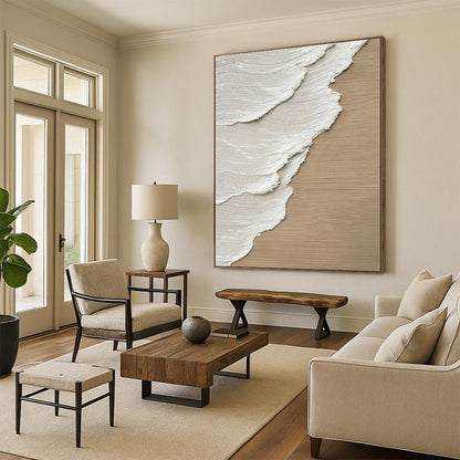 Large Contemporary Wall Art Beige and White Textured Abstract Wave Painting DPS424