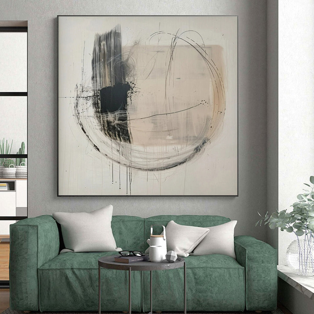 Hand Painting Black and Beige Circular Lines Abstract Acrylic Art PT621