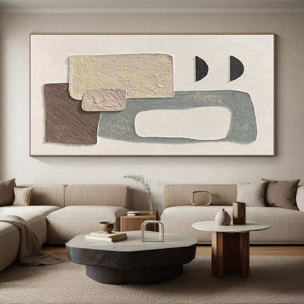 Handmade Art Beige, Gray, Brown and Black Textured Abstract Collage, Large Contemporary Wall Art PT556