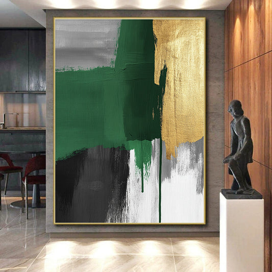Original Large Abstract Paintings For Sale With Green, Gold, Gray, Black Textured Brushstrokes On Canvas PT197