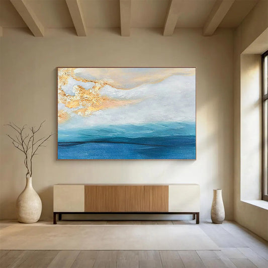 Hand-Painted Blue, White, and Gold Abstract Seaside Sunset Art HPS341