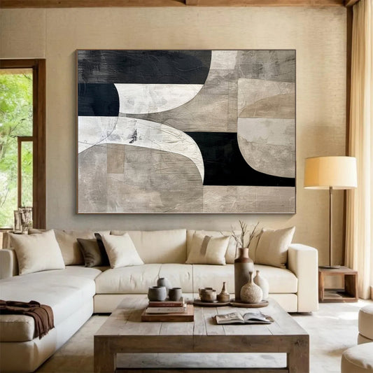 Hand Painting Black, White & Beige Geometric Abstract Painting On Canvas PT062