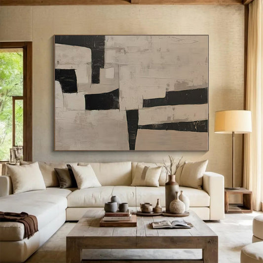 Minimalist Canvas Art Black and Beige Geometric Abstract Art PT634