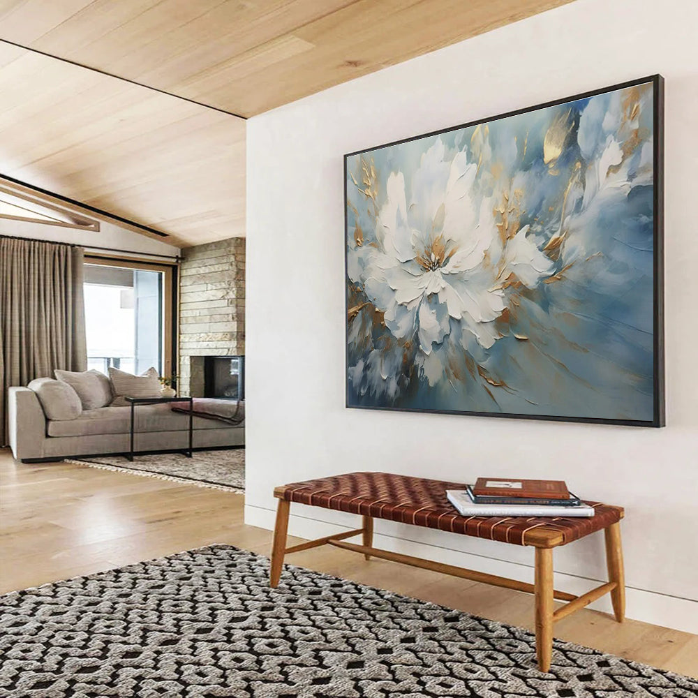 Oversized Abstract Wall Art Blue, White, and Gold Textured Abstract Floral Art HPS407